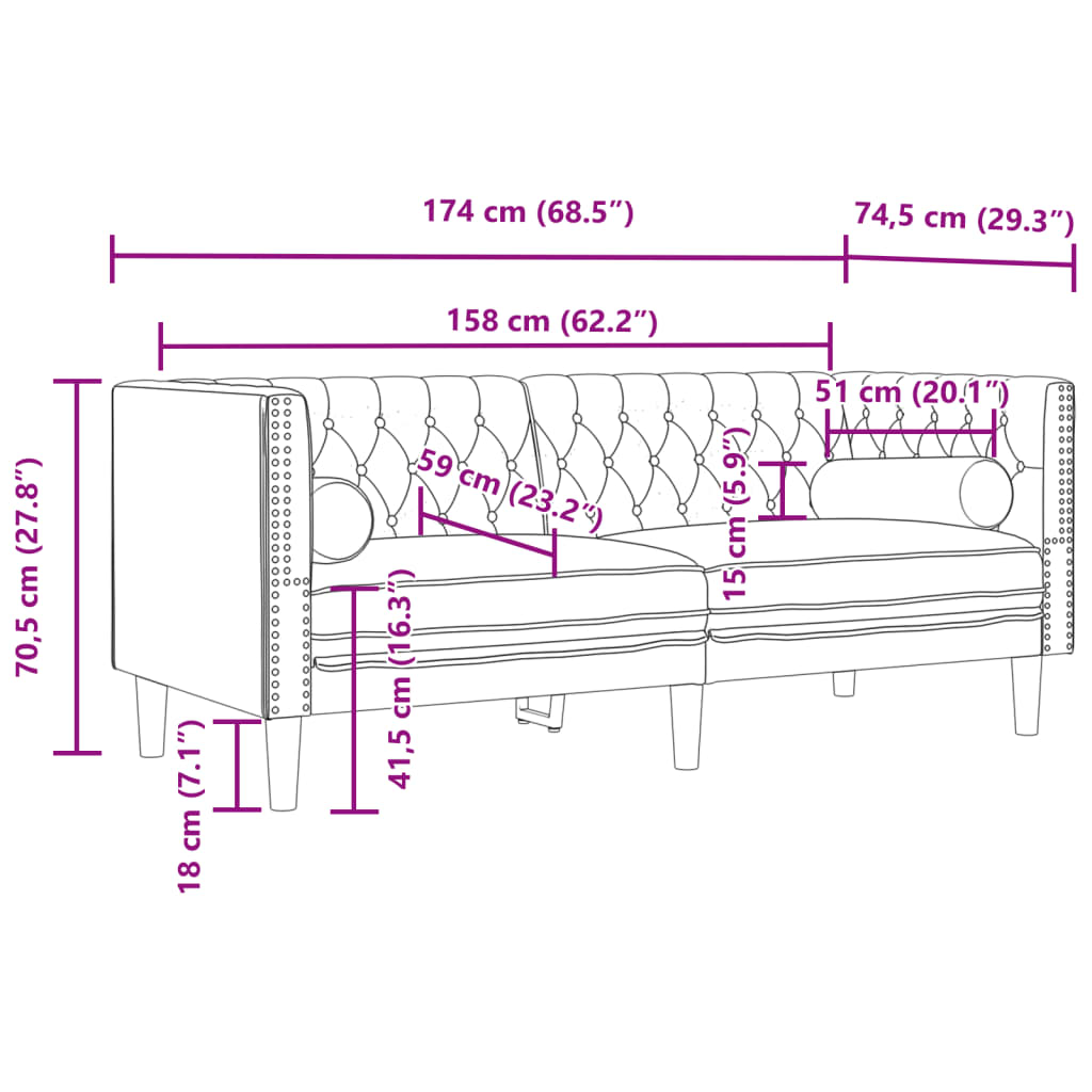 Chesterfield-Sofa mit Nackenrollen 2-Sitzer Dunkelgrau Samt