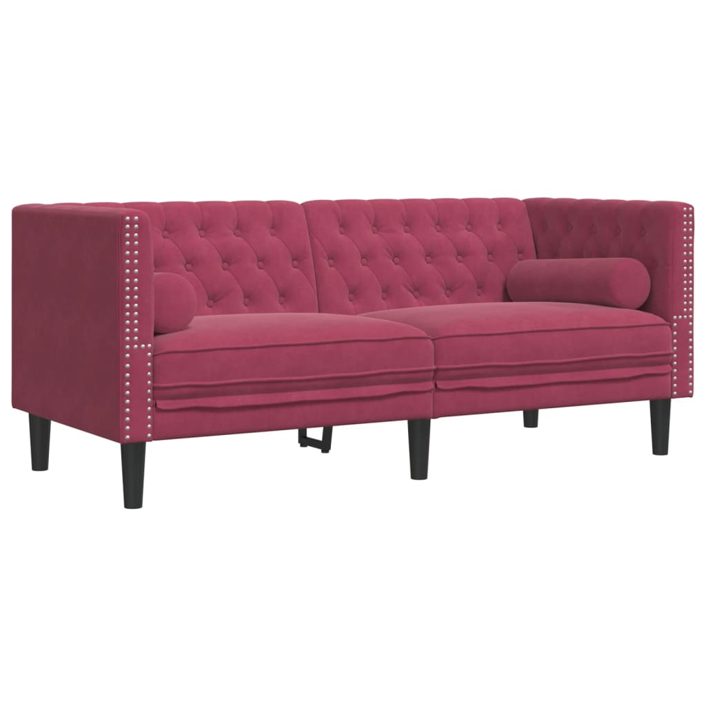 Chesterfield-Sofa mit Nackenrollen 2-Sitzer Weinrot Samt