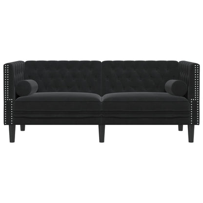 Chesterfield-Sofa mit Nackenrollen 2-Sitzer Schwarz Samt