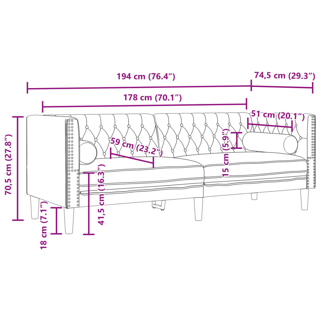 Chesterfield-Sofa mit Nackenrollen 3-Sitzer Dunkelgrau Samt