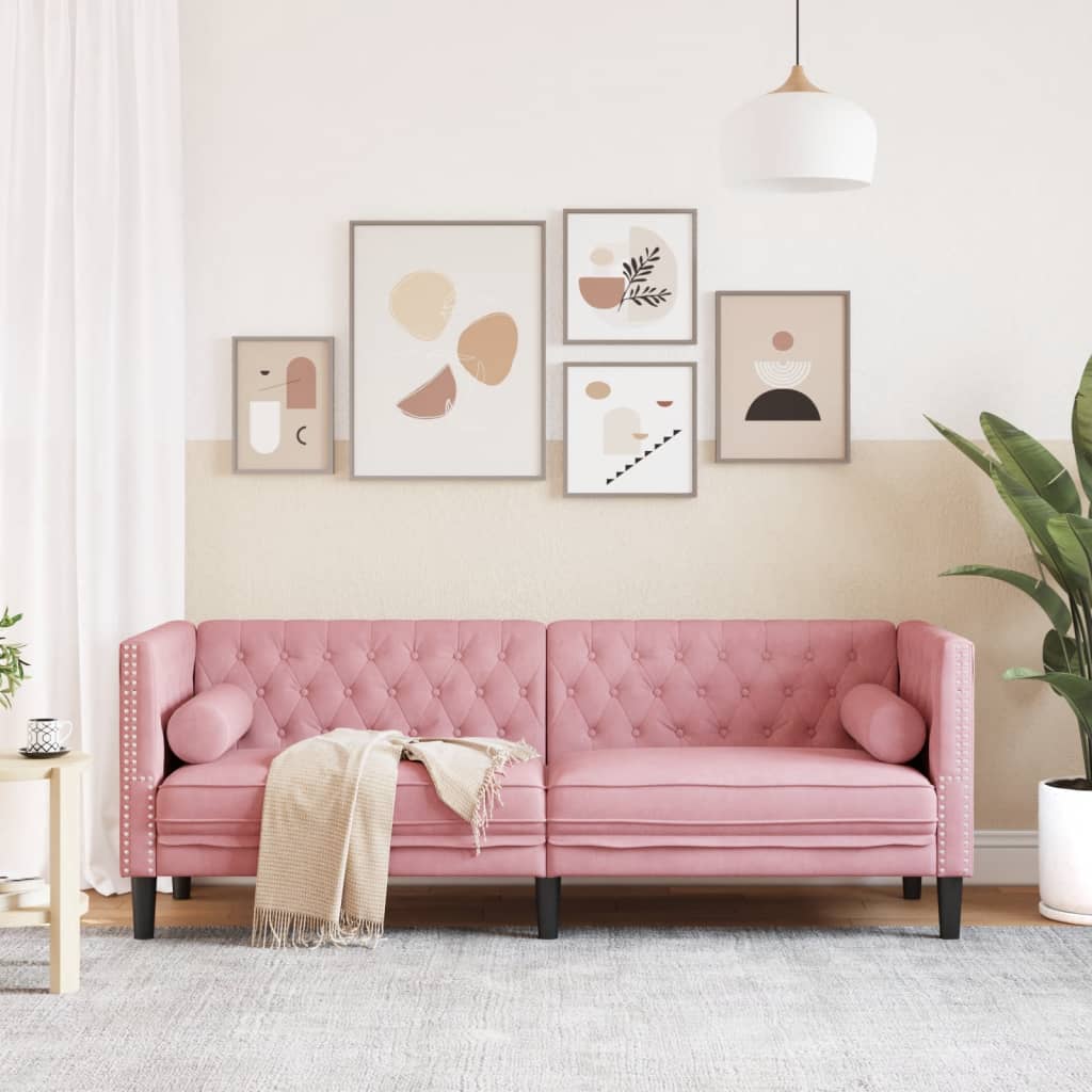 Chesterfield-Sofa mit Nackenrollen 3-Sitzer Rosa Samt