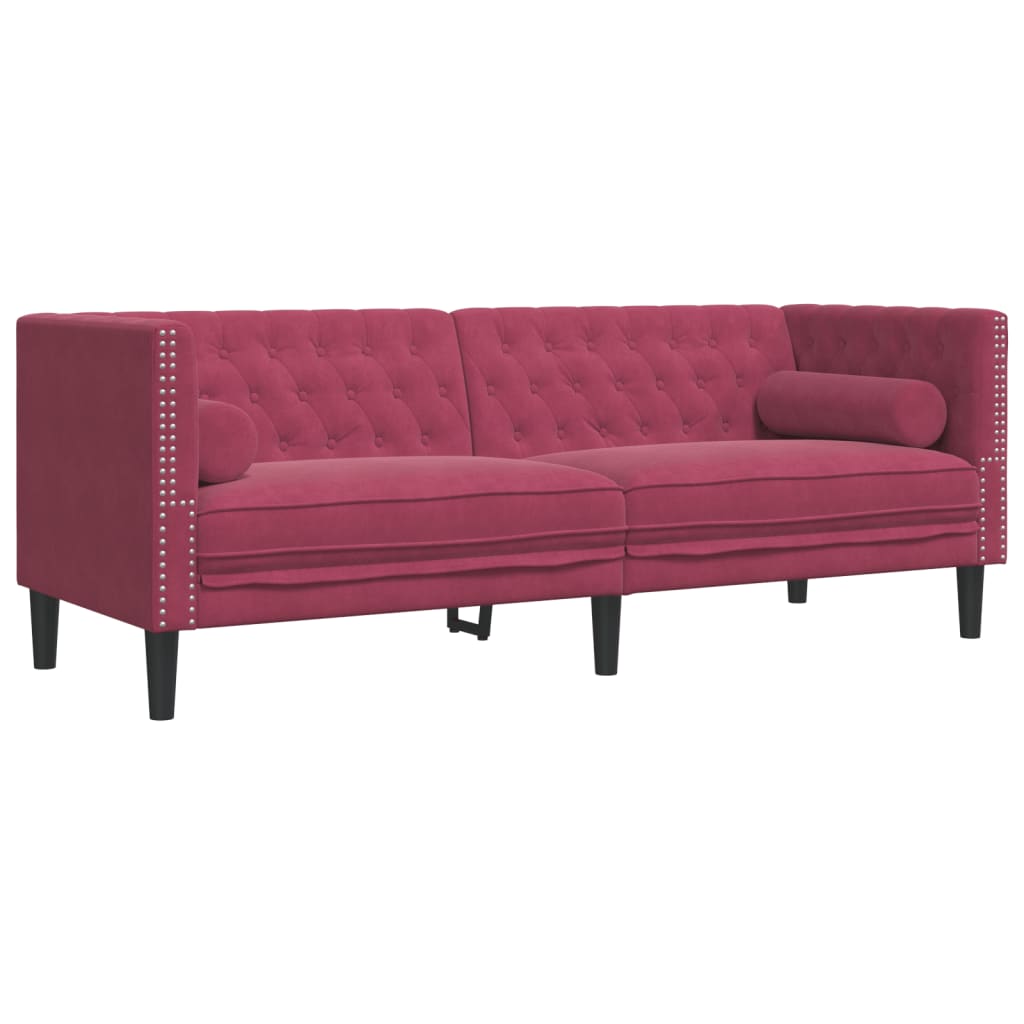 Chesterfield-Sofa mit Nackenrollen 3-Sitzer Weinrot Samt