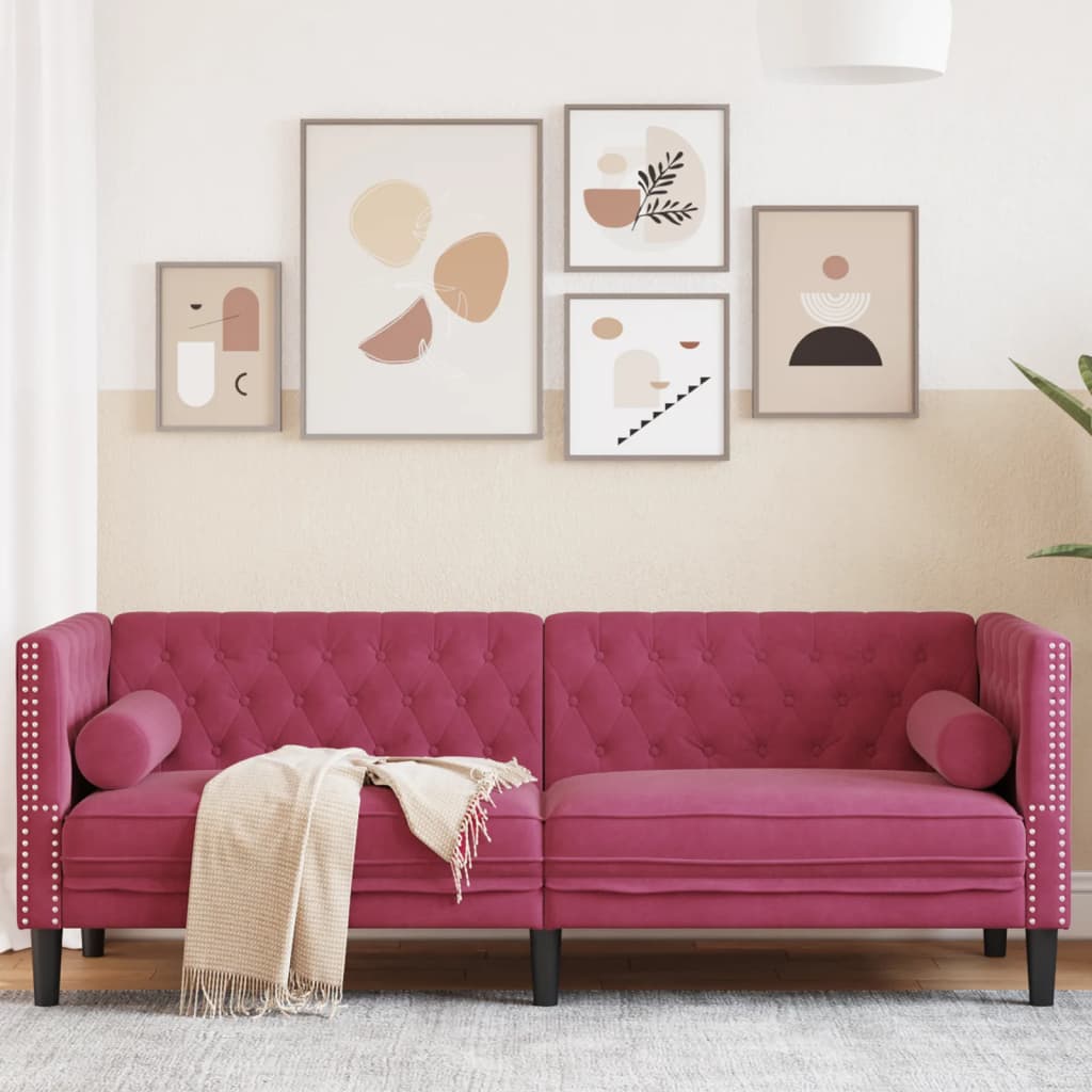 Chesterfield-Sofa mit Nackenrollen 3-Sitzer Weinrot Samt