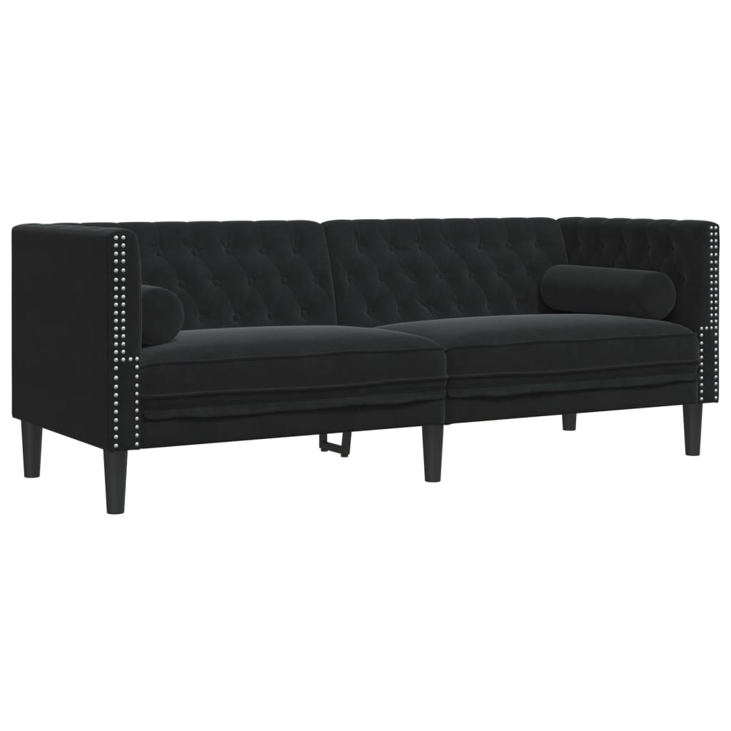 Chesterfield-Sofa mit Nackenrollen 3-Sitzer Schwarz Samt