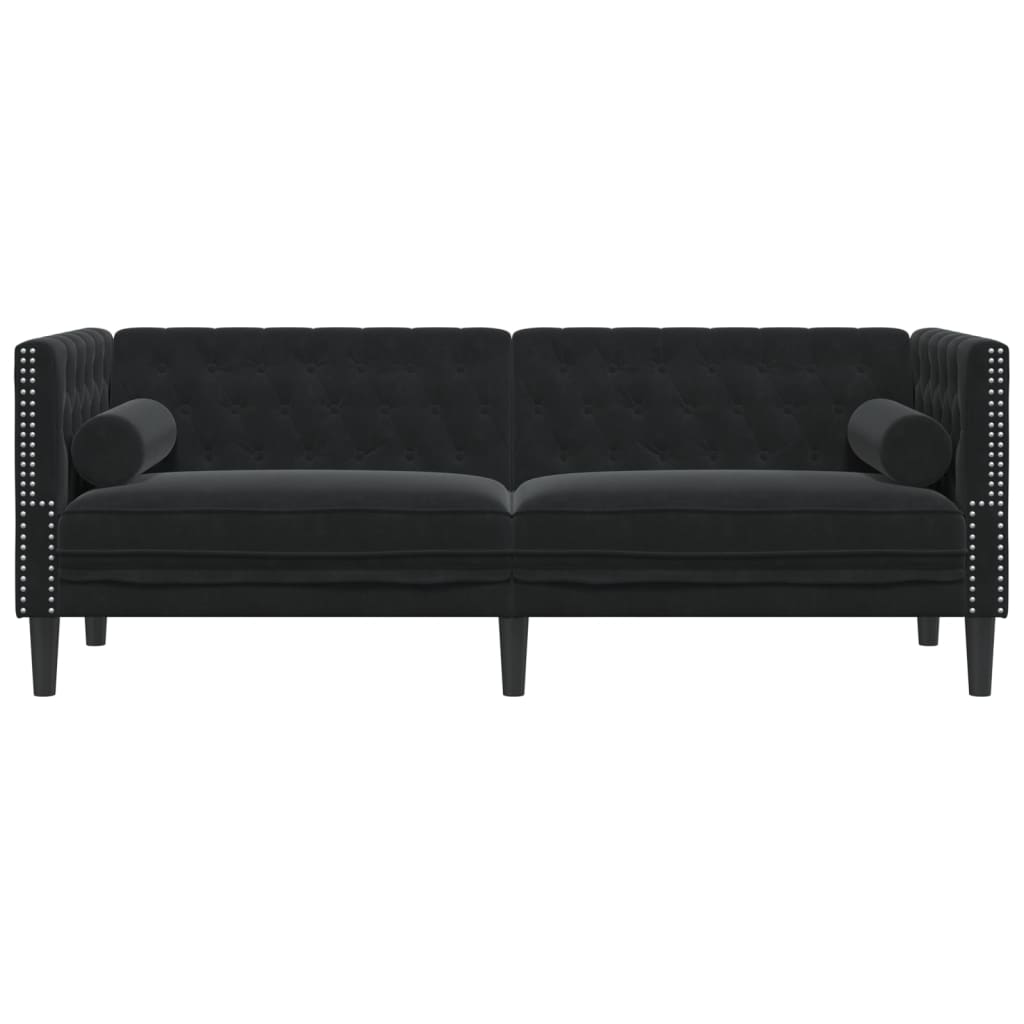 Chesterfield-Sofa mit Nackenrollen 3-Sitzer Schwarz Samt