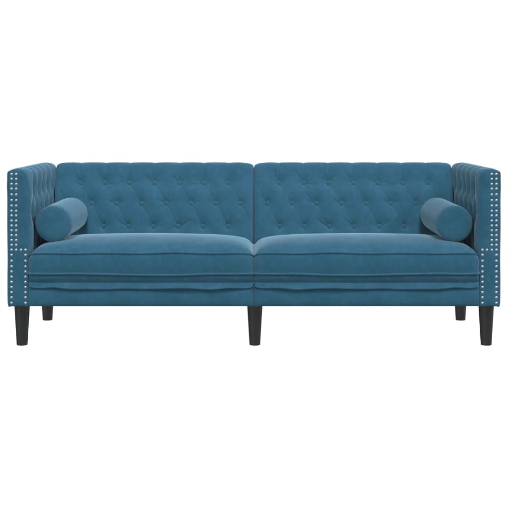 Chesterfield-Sofa mit Nackenrollen 3-Sitzer Blau Samt