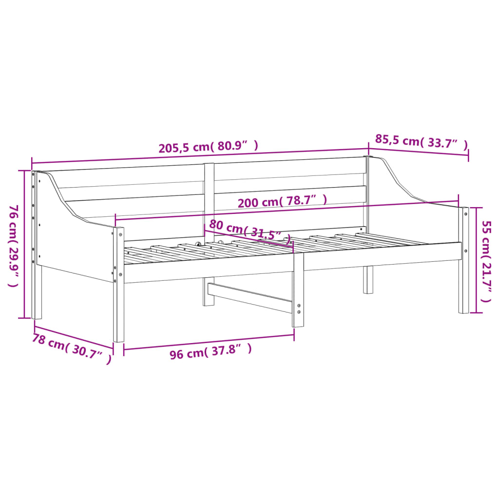 Tagesbett ohne Matratze Wachsbraun 80x200 cm Massivholz Kiefer