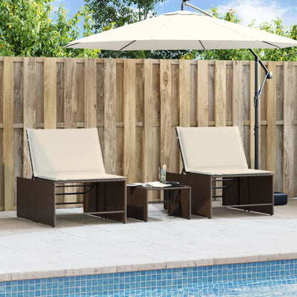 Sonnenliegen 2 Stk. mit Tisch Braun Poly Rattan