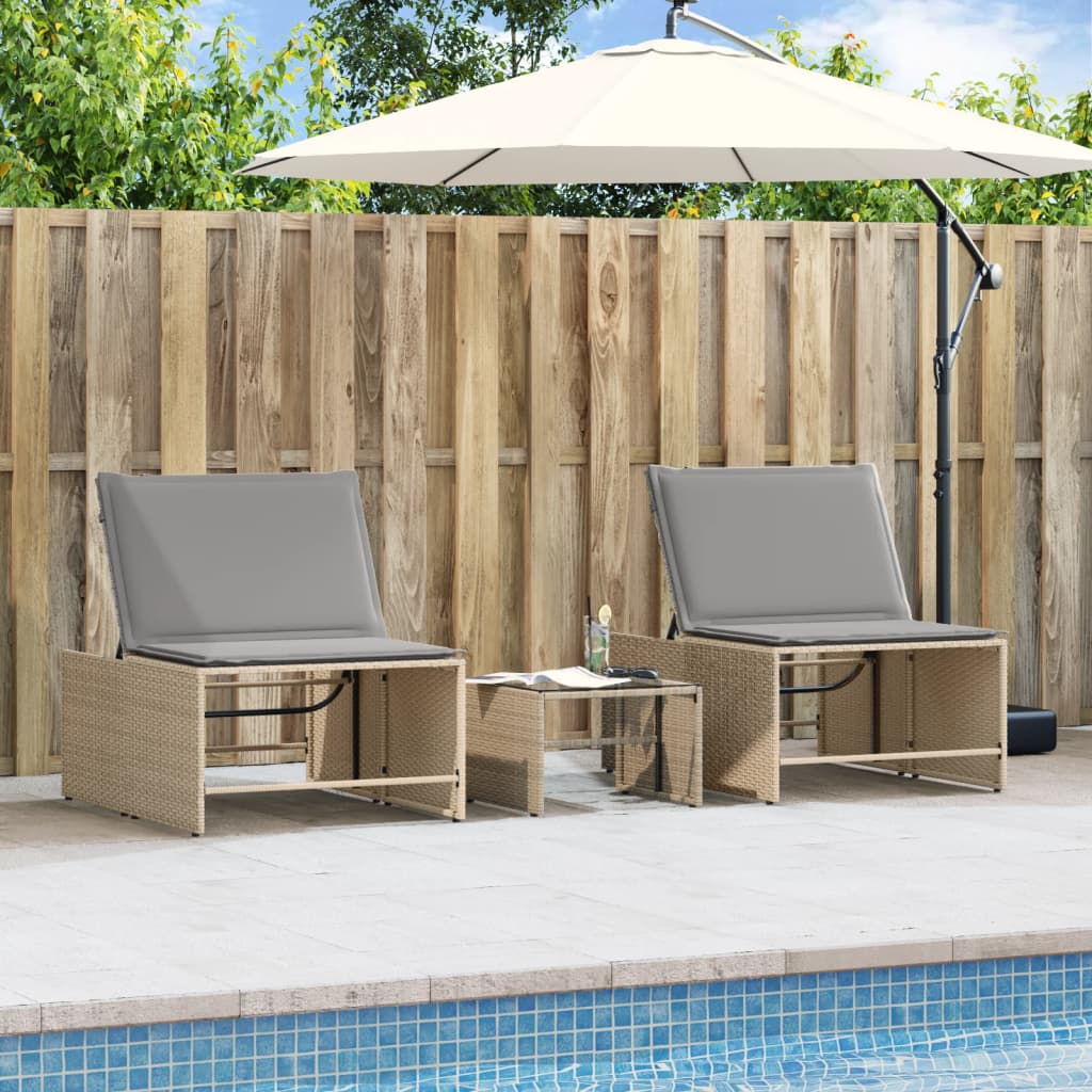 Sonnenliegen 2 Stk. mit Tisch Beige Poly Rattan