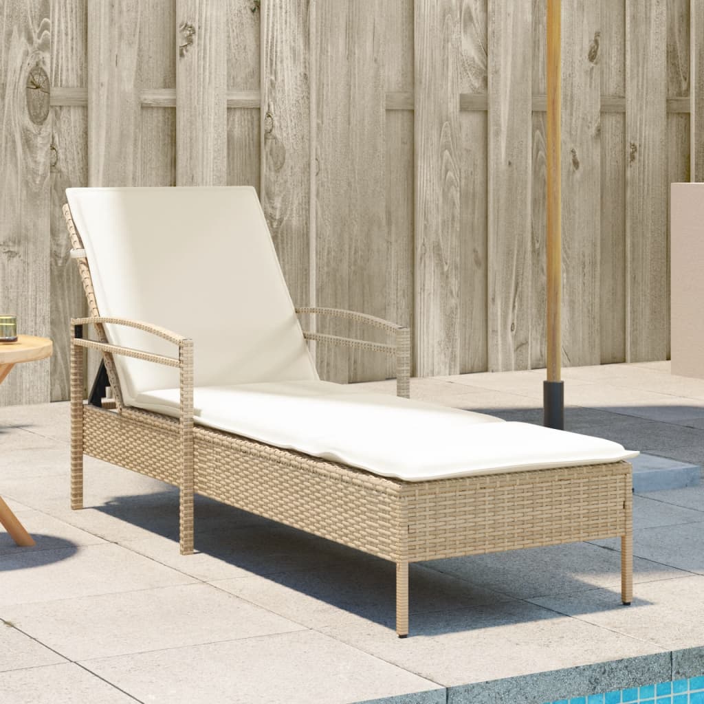 Sonnenliege mit Auflage Beige 63x200x81 cm Poly Rattan