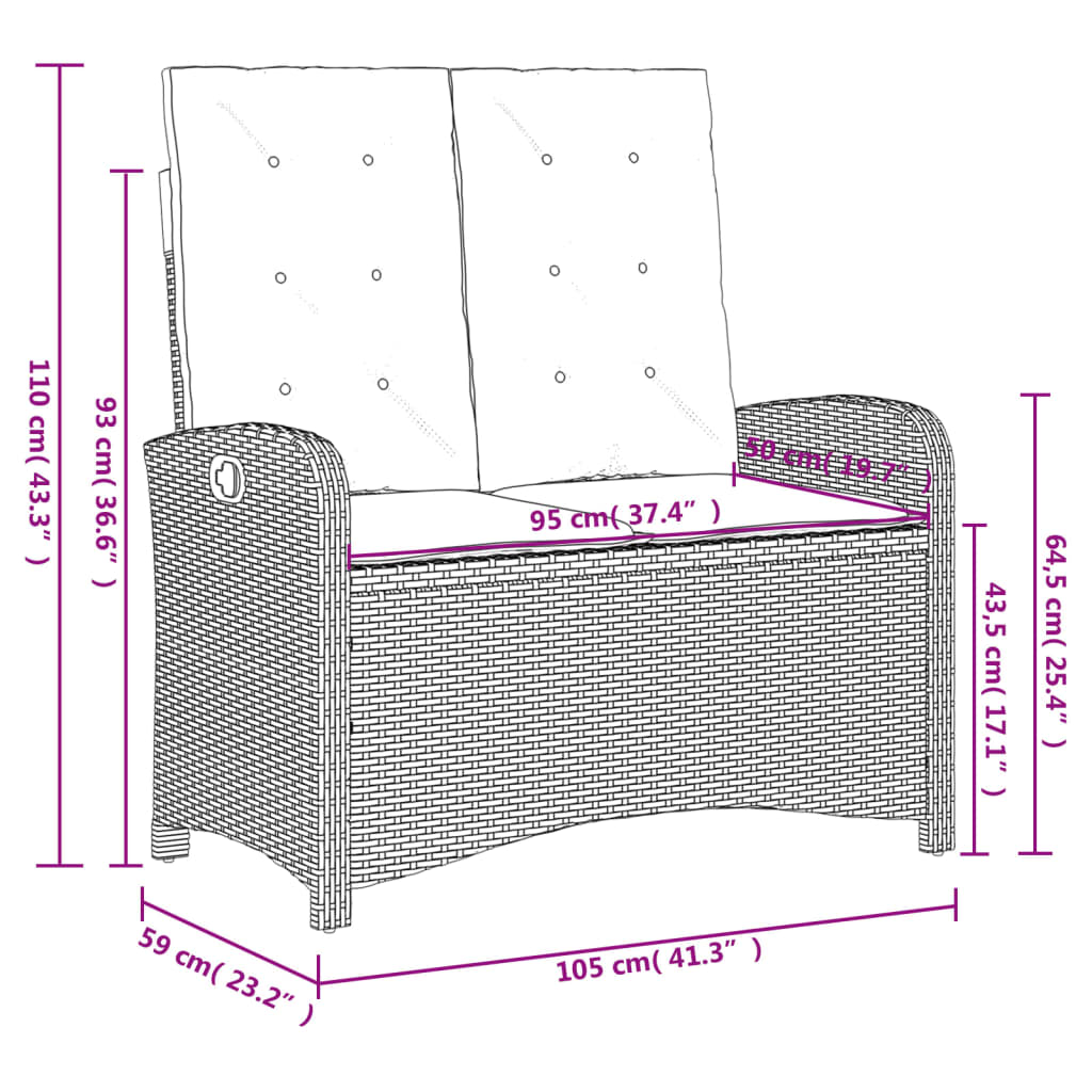 Gartenbank Verstellbar mit Kissen Schwarz Poly Rattan