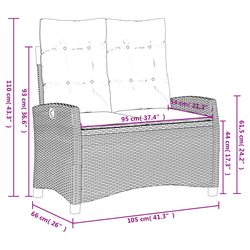 Gartenbank Verstellbar mit Kissen Schwarz Poly Rattan