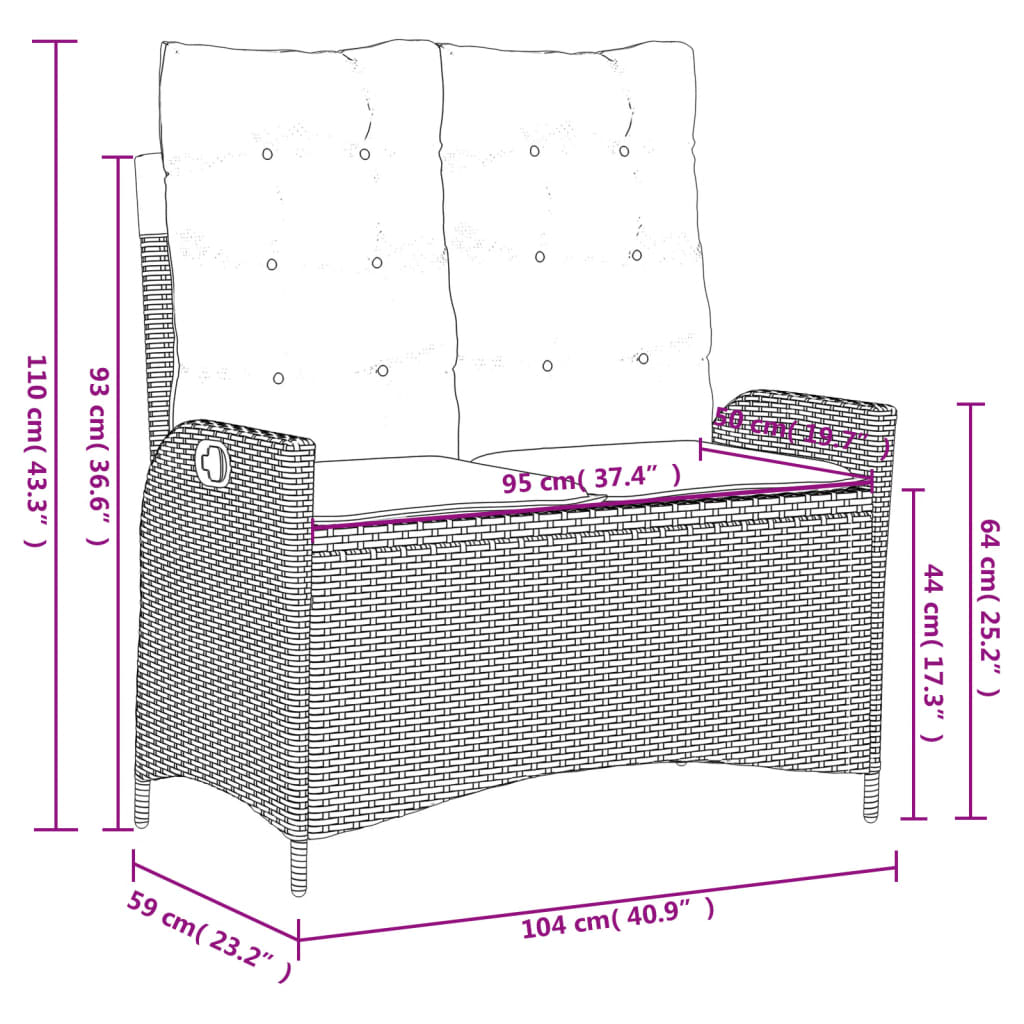 Gartenbank Verstellbar mit Kissen Grau Poly Rattan