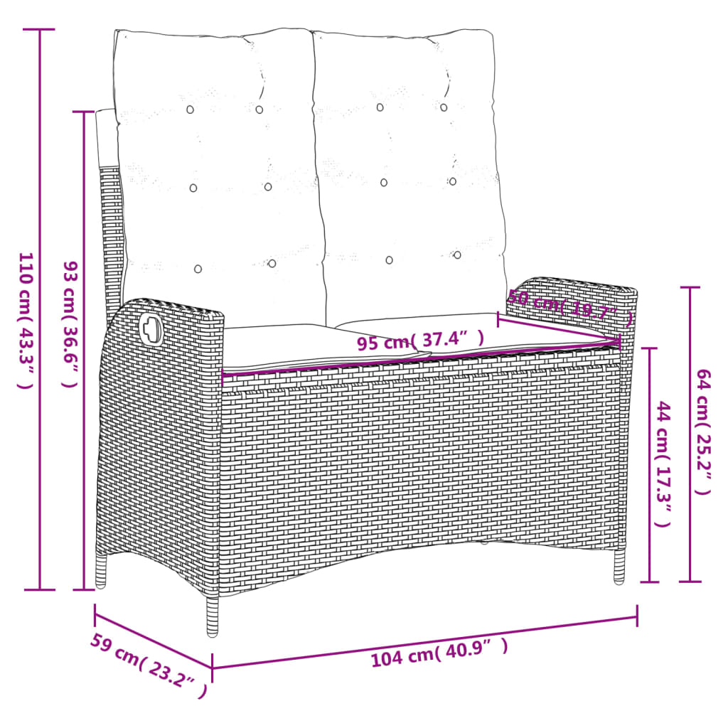 Gartenbank Verstellbar mit Kissen Beige Poly Rattan