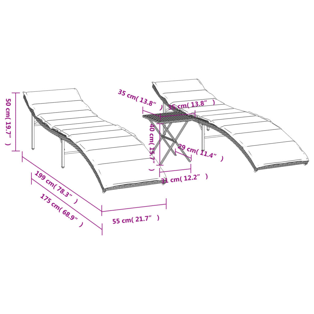 Sonnenliegen 2 Stk. mit Tisch Braun Poly Rattan