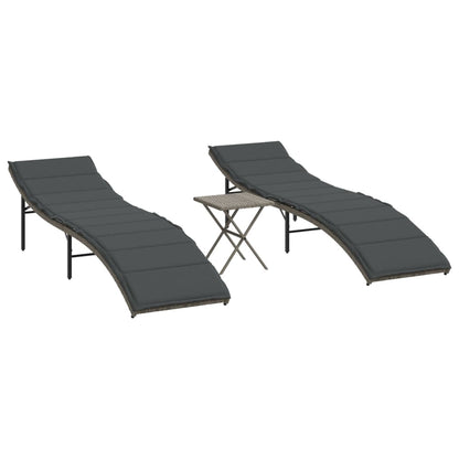 Sonnenliegen 2 Stk. mit Tisch Grau Poly Rattan