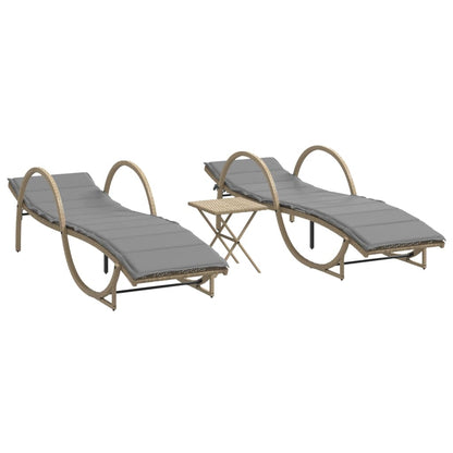 Sonnenliegen 2 Stk. mit Tisch Beige Poly Rattan