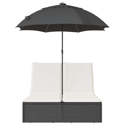 Doppel-Sonnenliege mit Kissen&Sonnenschirm Schwarz Poly Rattan