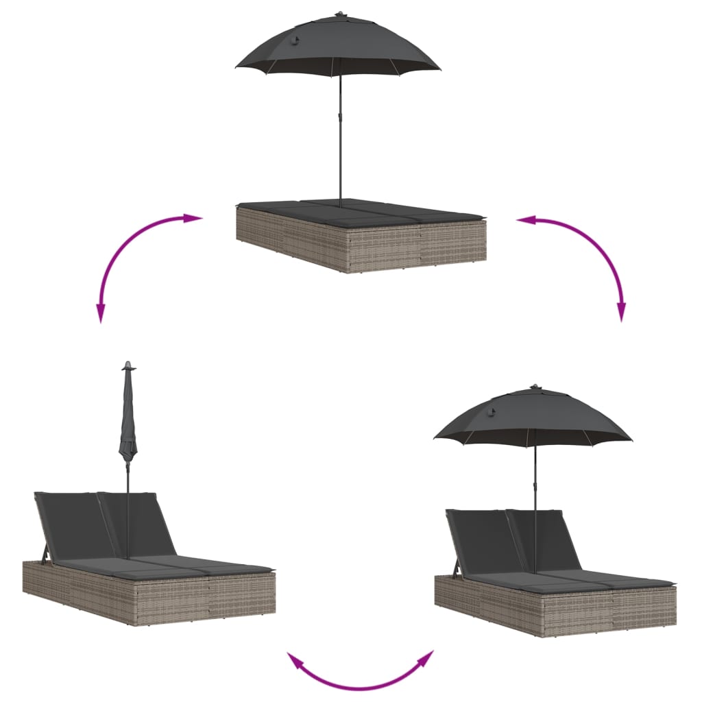 Doppel-Sonnenliege mit Kissen & Sonnenschirm Grau Poly Rattan