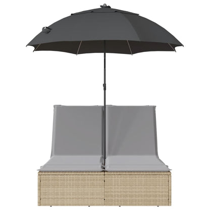 Doppel-Sonnenliege mit Kissen & Sonnenschirm Beige Poly Rattan