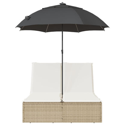 Doppel-Sonnenliege mit Kissen & Sonnenschirm Beige Poly Rattan