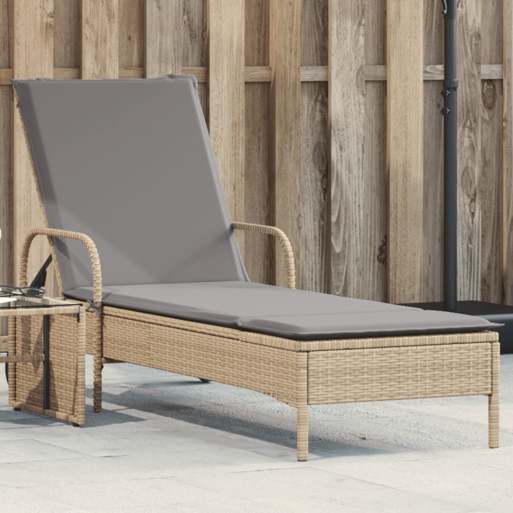 Sonnenliege mit Rollen und Auflage Beige Poly Rattan