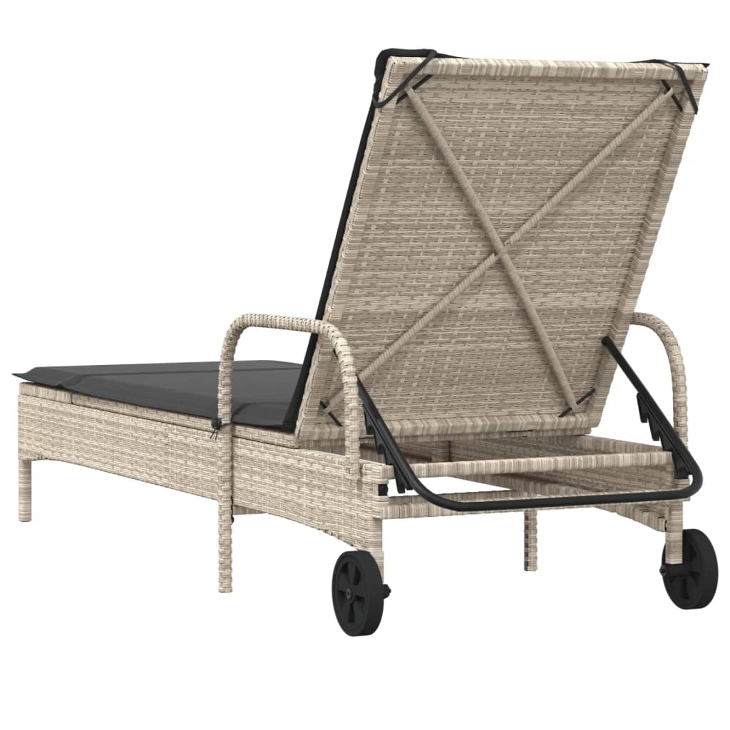 Sonnenliege mit Rollen und Auflage Hellgrau Poly Rattan