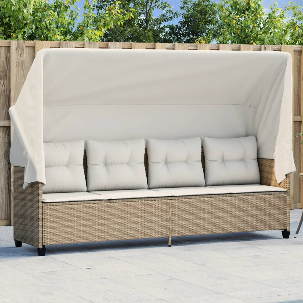 Sonnenliege mit Dach und Kissen Beige Poly Rattan