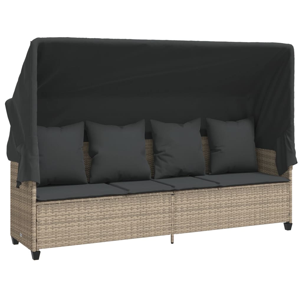 Sonnenliege mit Dach und Kissen Hellgrau Poly Rattan