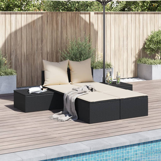 Doppel-Sonnenliege mit Kissen Schwarz Poly Rattan