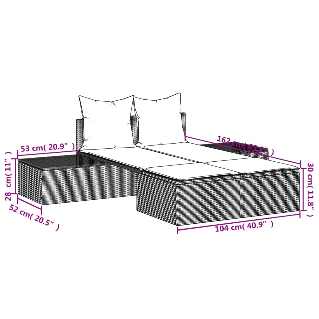 Doppel-Sonnenliege mit Kissen Grau Poly Rattan