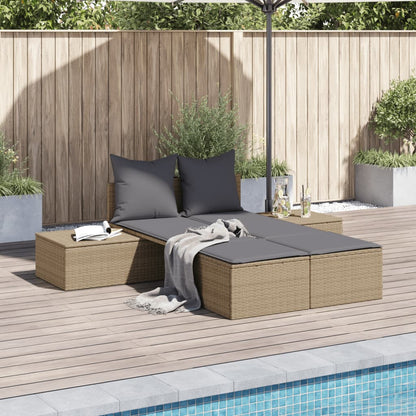 Doppel-Sonnenliege mit Auflagen Beige Poly Rattan