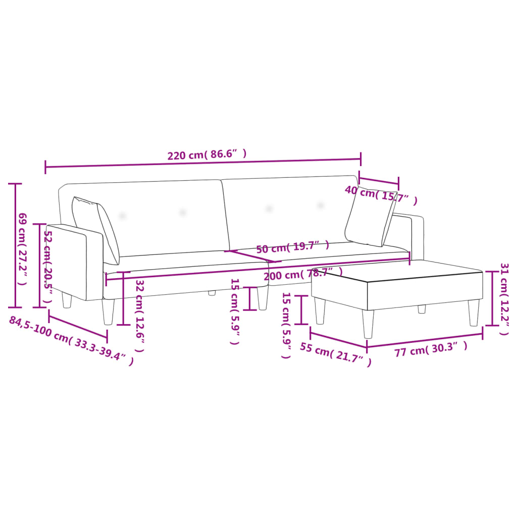 Schlafsofa 2-Sitzer mit Fußhocker Dunkelgrau Stoff