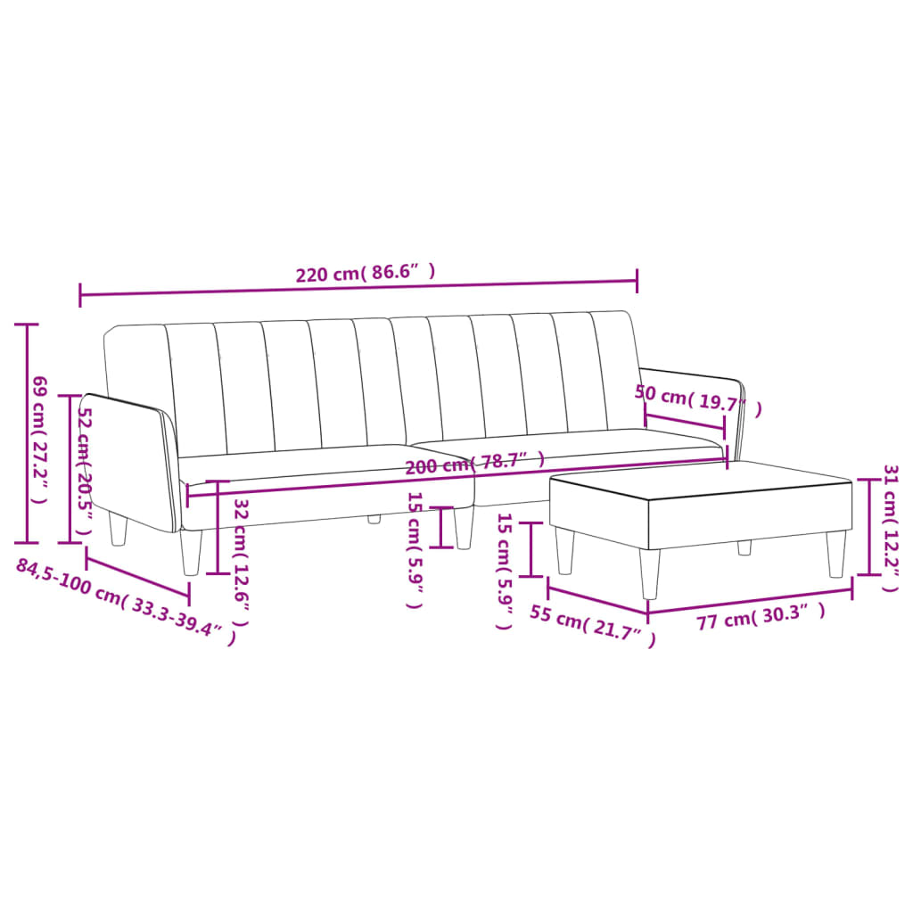 Schlafsofa 2-Sitzer mit Fußhocker Hellgrau Stoff