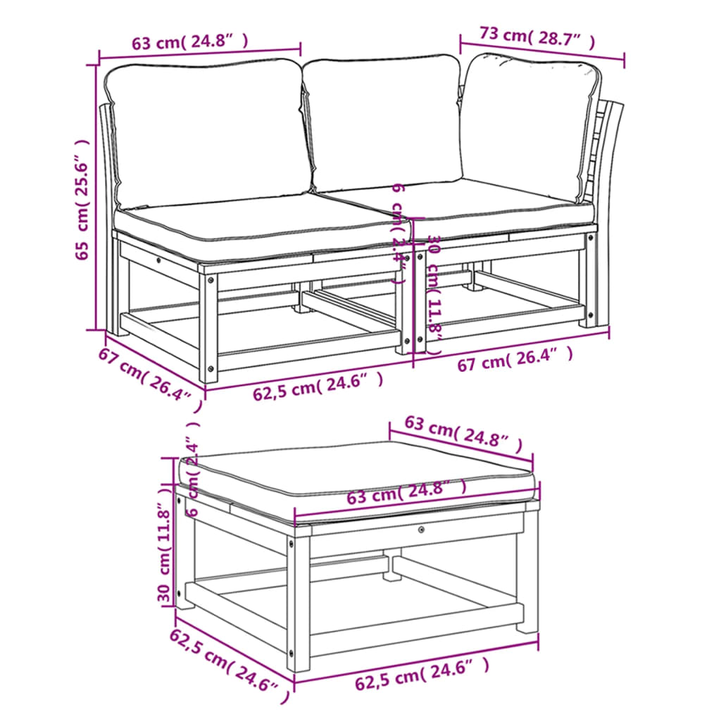 3-tlg. Garten-Lounge-Set mit Kissen Massivholz Akazie