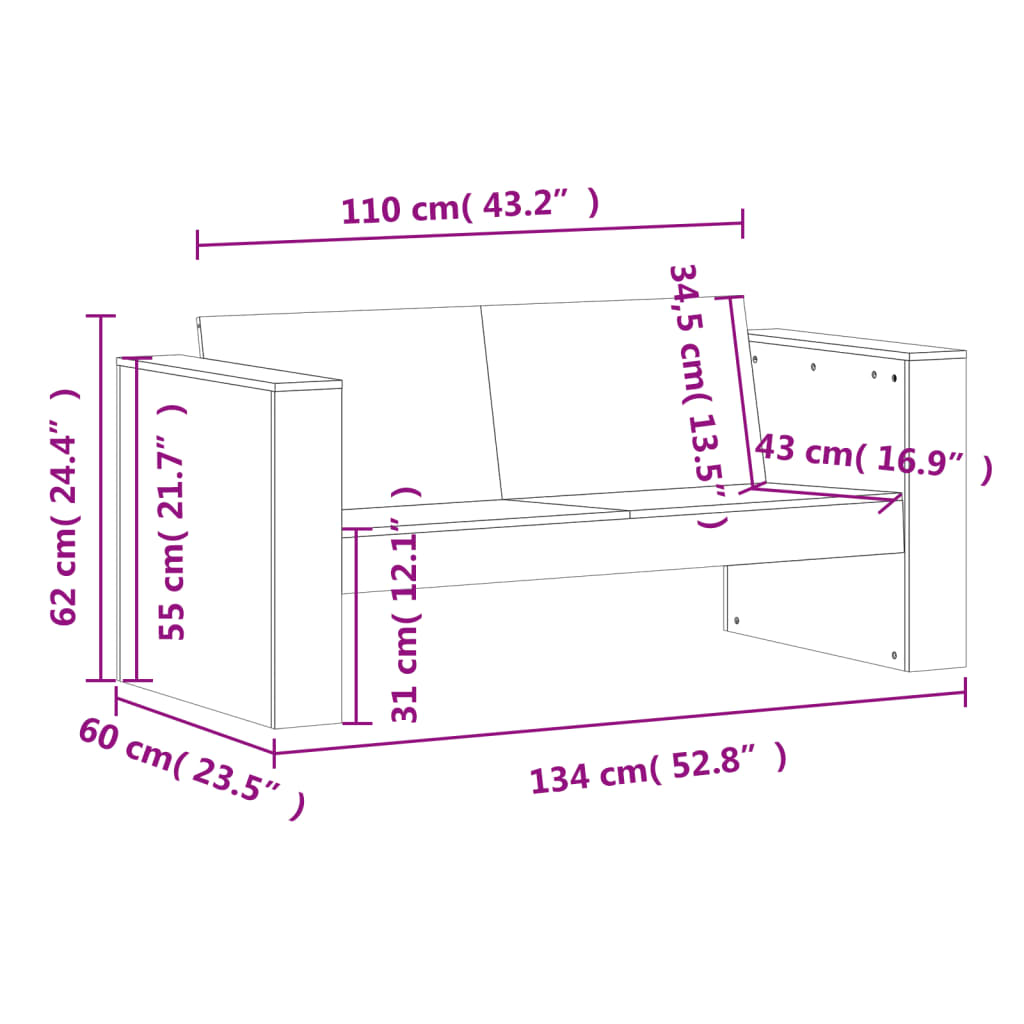 Gartensofa 2-Sitzer 134x60x62 cm Massivholz Kiefer