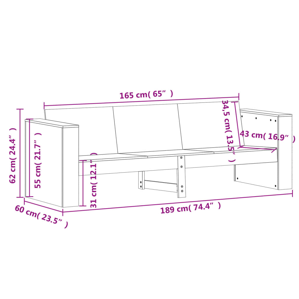 Gartensofa 3-Sitzer 189x60x62 cm Massivholz Kiefer