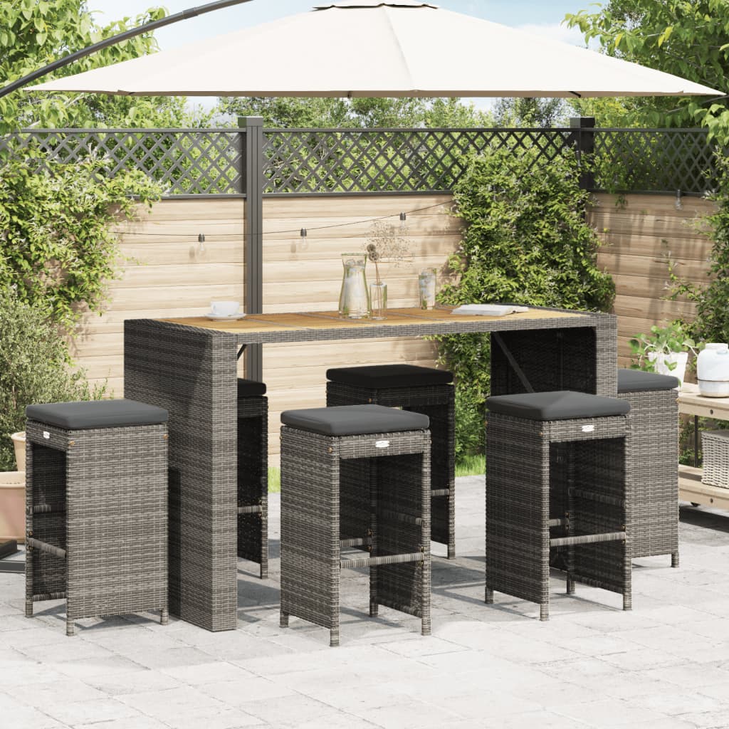 Garten-Barhocker mit Kissen 6 Stk. Grau Poly Rattan