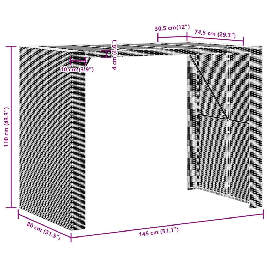 Garten-Bartisch mit Holzplatte Grau 145x80x110 cm Polyrattan