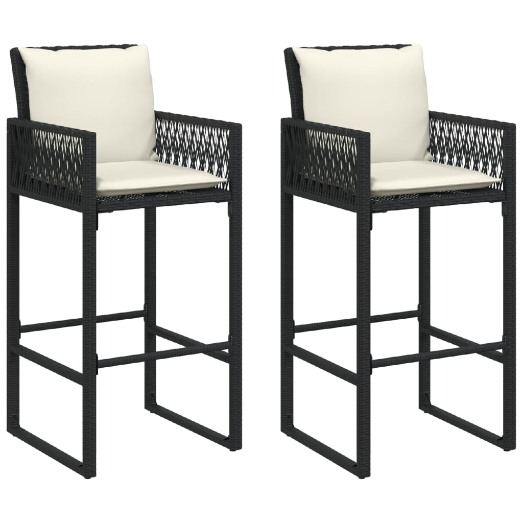 Garten-Barhocker mit Kissen 2 Stk. Schwarz Poly Rattan