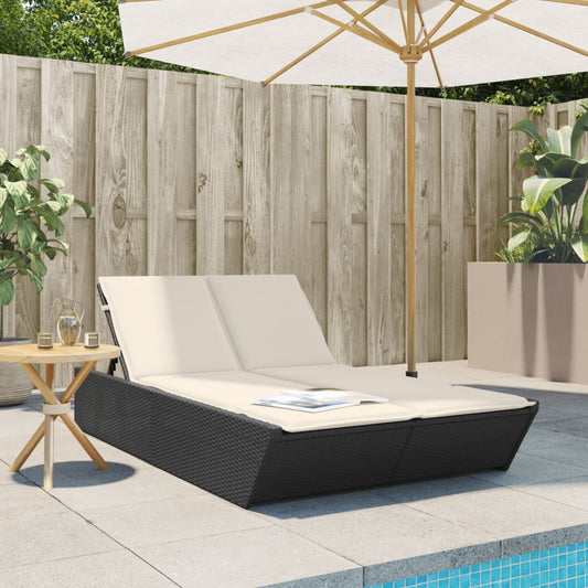 Doppel-Sonnenliege mit Kissen Schwarz Poly Rattan