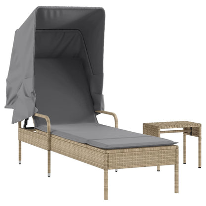 Sonnenliege mit Dach und Tisch Beige Poly Rattan