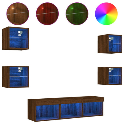 7-tlg. Wohnwand mit LED-Beleuchtung Braun Eichen-Optik