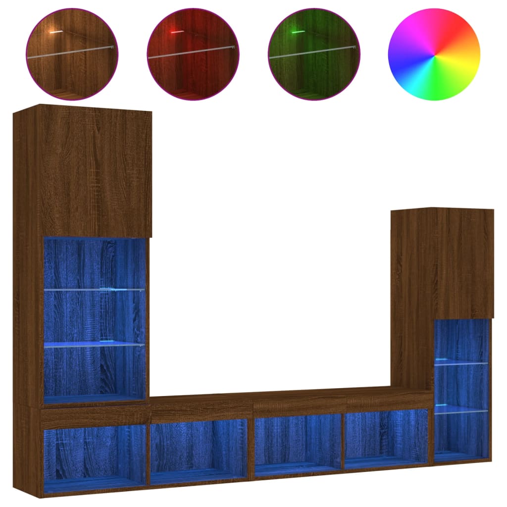 4-tlg. Wohnwand mit LED-Beleuchtung Braun Eiche Holzwerkstoff