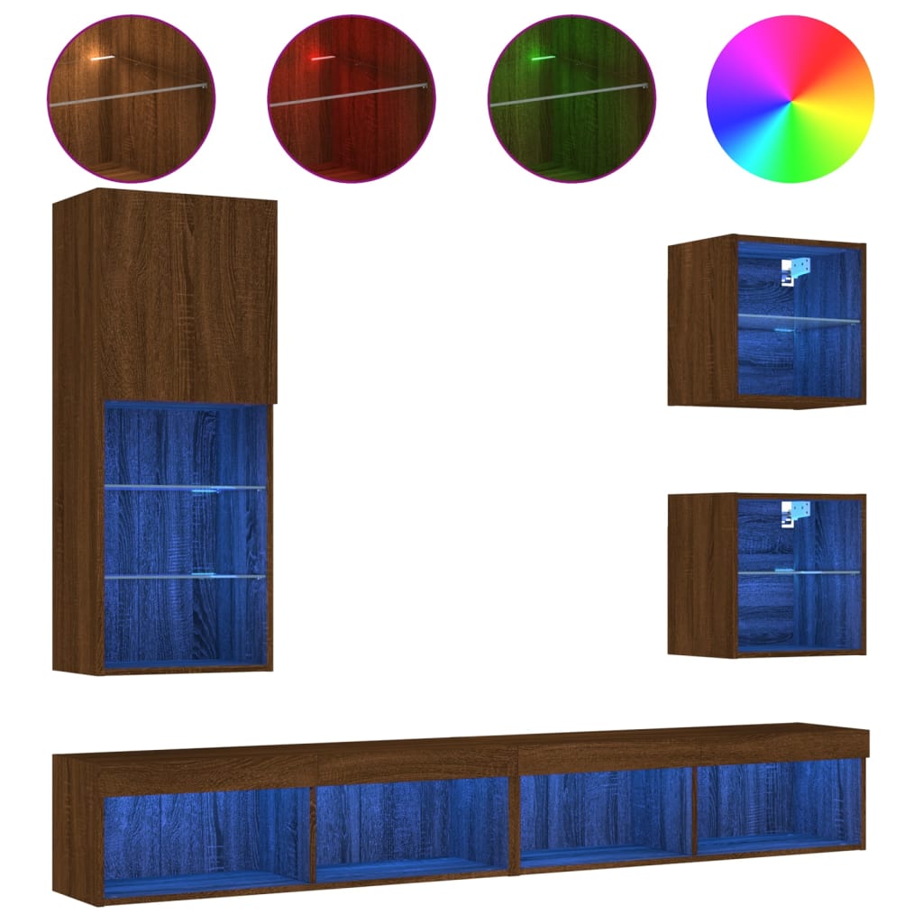 5-tlg. Wohnwand mit LED-Beleuchtung Braun Eichen-Optik