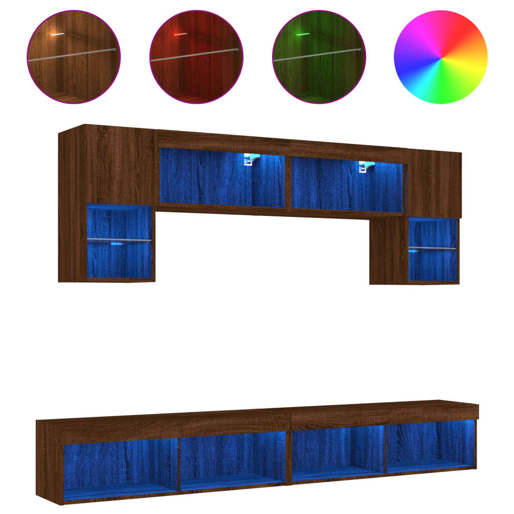 6-tlg. Wohnwand mit LED-Beleuchtung Braun Eichen-Optik