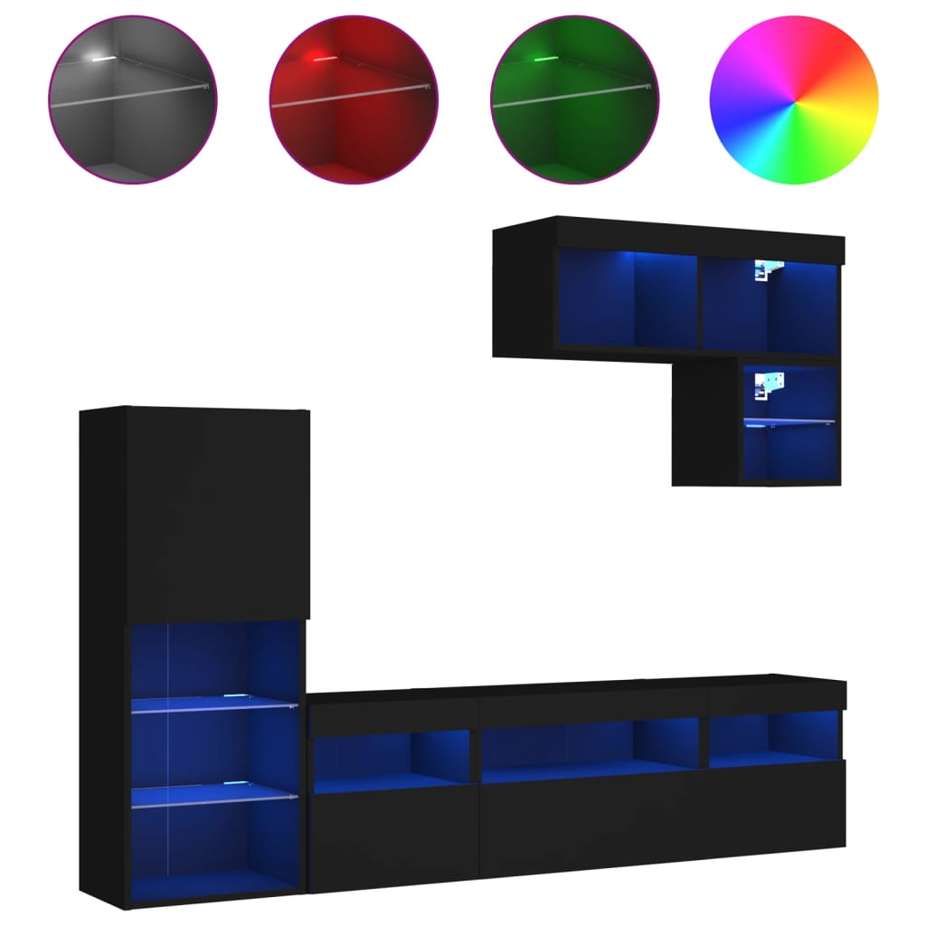 6-tlg. Wohnwand mit LED-Beleuchtung Schwarz Holzwerkstoff