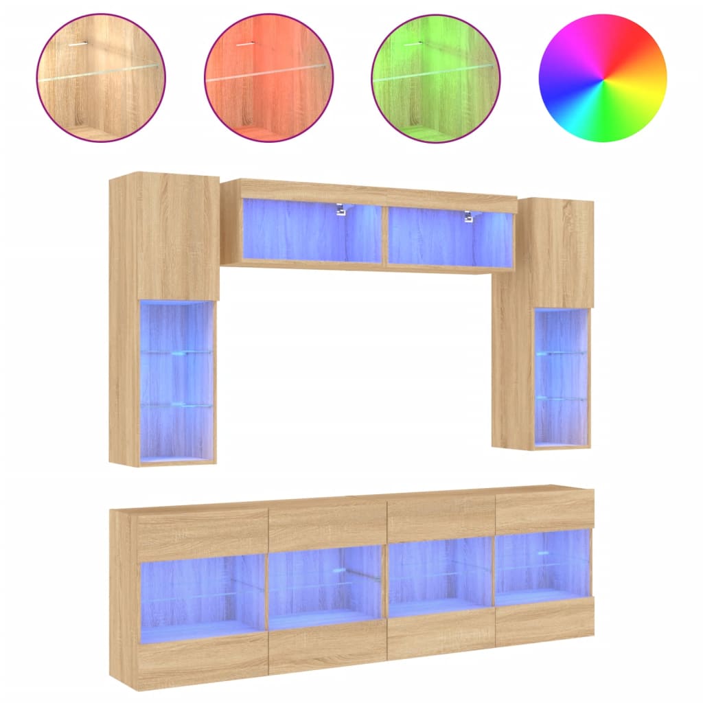 6-tlg. TV-Wohnwand mit LED-Leuchten Sonoma-Eiche