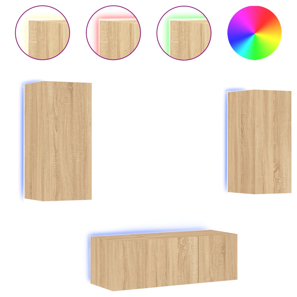4-tlg. Wohnwand mit LED-Beleuchtung Sonoma-Eiche Holzwerkstoff