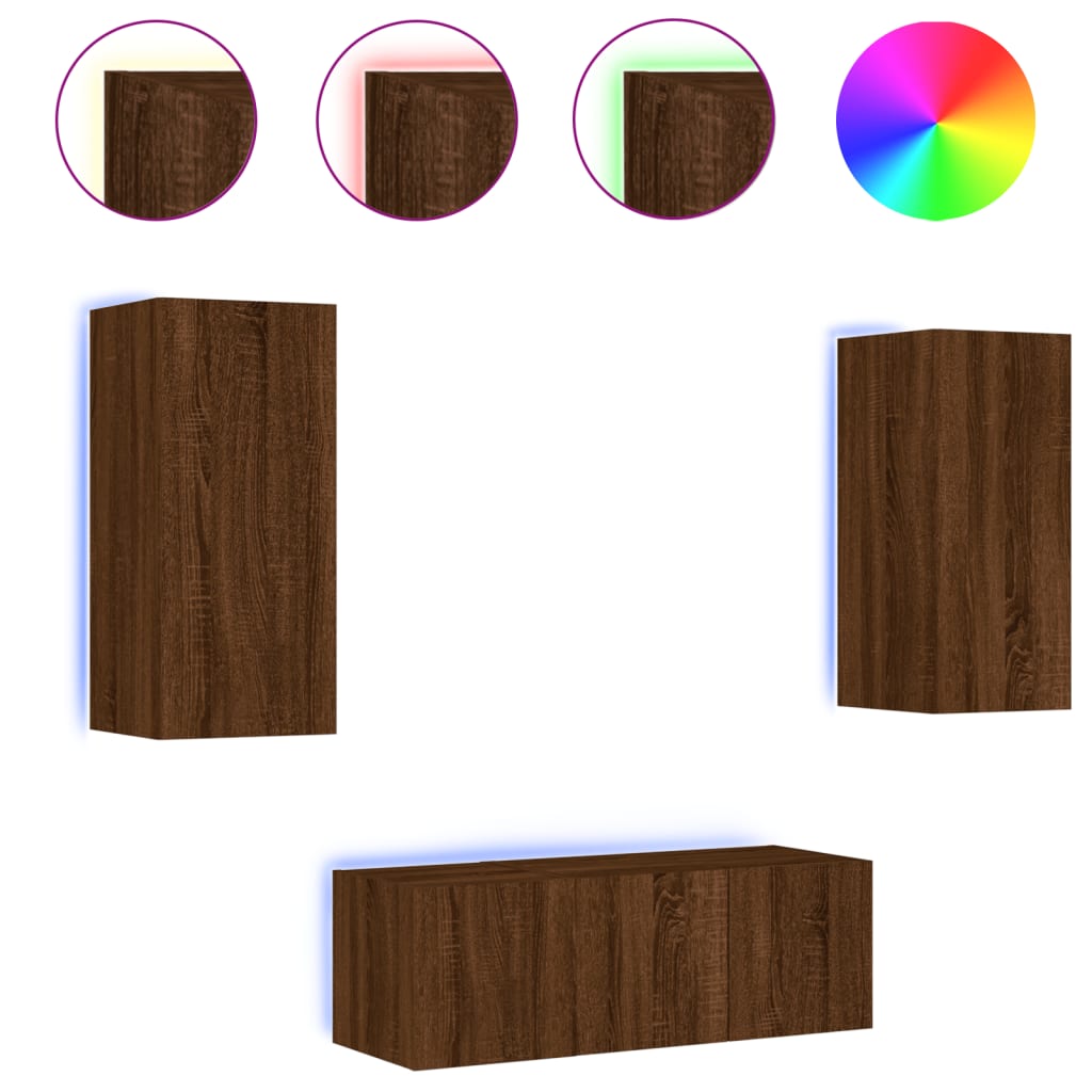 4-tlg. Wohnwand mit LED-Beleuchtung Braun Eiche Holzwerkstoff